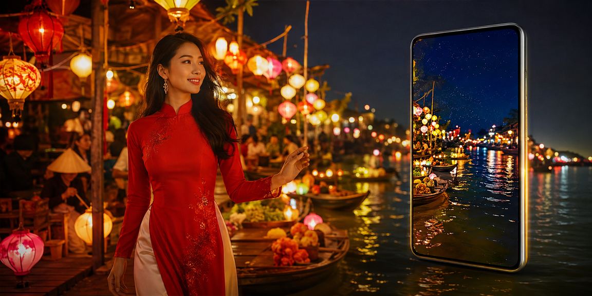 Người dùng tại Hội An xem ứng dụng casino và kèo trận đấu với trang phục áo dài