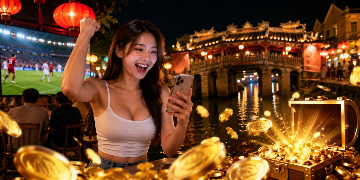 Người dùng tại chợ đêm Hội An đăng ký nhận bonus và xem kèo trận đấu